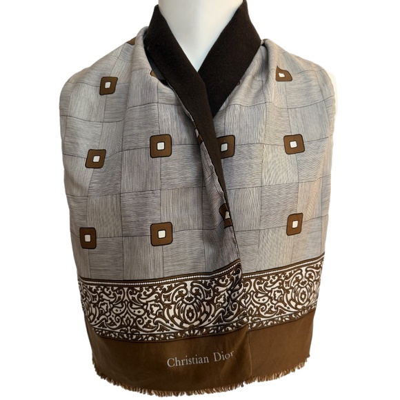 Vintage Brown & Cream Wool-Silk Scarf – Attributed to Christian Dior 🇫🇷 - Picture 1 of 9
